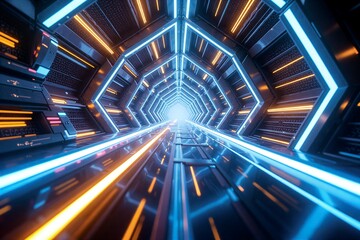 Narrow, futuristic tunnel with glowing blue and orange neon lights, creating a mesmerizing cyberpunk corridor effect.