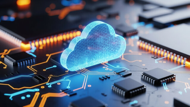 Cloud computing concept on digital circuit board with glowing data network - Powered by Adobe