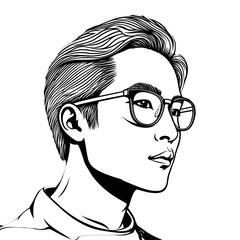 Detailed Isolated Portrait Of An Asian Man Wearing Stylish Eyeglasses And A Collared Shirt Rendered In A Classic Black And White Line Art Style Against A Stark White Background Perfect For Graphic