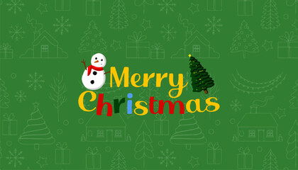 Merry Christmas Greeting With Snowman, Christmas Tree, And Colorful Letters On Green Background