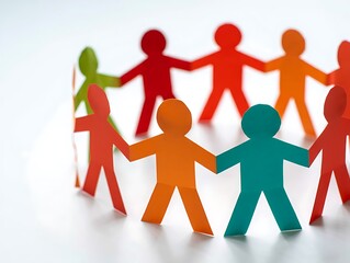 Colorful paper figures holding hands in a circle symbolize teamwork, unity, cooperation, community, support, diversity, inclusion, leadership, connection, and strong human relationships.