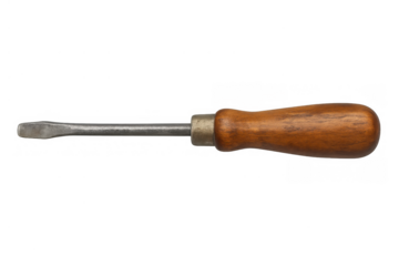 Vintage flathead screwdriver with worn wooden handle on a transparent background, displaying a classic hand tool for repair