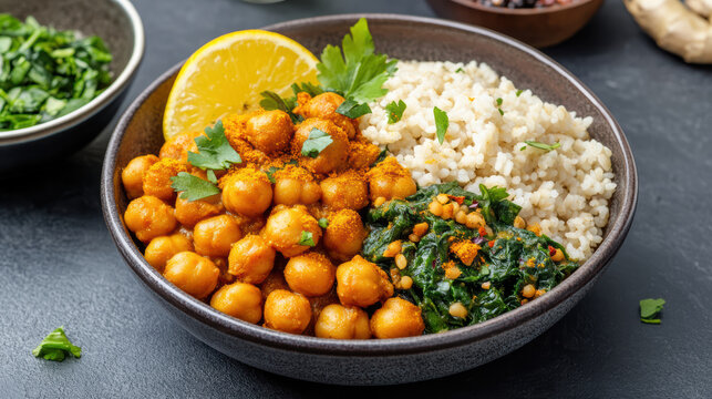 Chickpea curry bowl with brown rice, sauteed spinach, lemon and parsley - Powered by Adobe