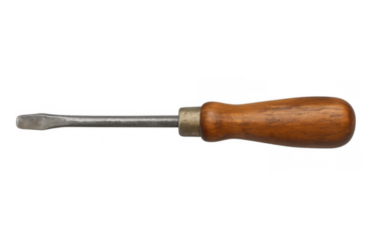 Vintage flathead screwdriver with worn wooden handle on a transparent background, displaying a classic hand tool for repair