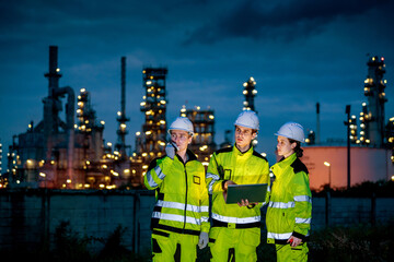Petrochemical industry night engineer teamwork working on laptop Team of Petroleum in Glowing Workwear Collaborating oil refinery plant construction site at night