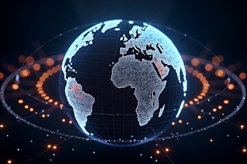 Naklejka premium Digital globe with glowing continents, orbital data trails, and futuristic grid against dark space background.