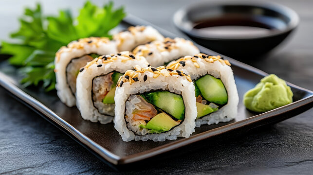 Avocado cucumber sushi roll with sesame and soy sauce, fresh and appetizing
