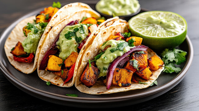 Roasted vegetable tacos with avocado lime sauce, cilantro garnish and lime wedge
