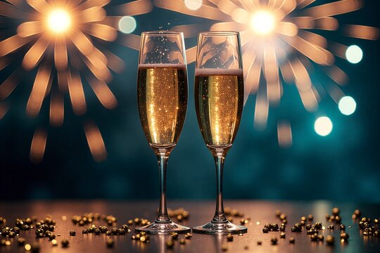 Two champagne flutes glow under fireworks, golden confetti scattered below. Celebratory night scene.