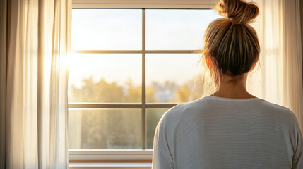 Young woman looking out window at morning sunlight hopeful calm