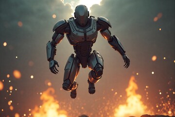 Fototapeta premium Cyborg leaps through fiery sky, armored form silhouetted against blazing flames and glowing embers below.