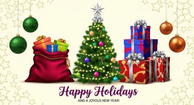 Modern geometric christmas tree with holly, berries, and festive text joyous holidays and a bright new year on a dark teal background - Powered by Adobe