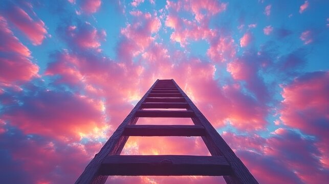 Reaching for the sky, a wooden ladder extends towards a vibrant sunset sky filled with clouds. Inspiring upward movement, growth, and achievement.
