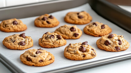 Chocolate chip cookie on baking tray, warm homemade cookies with melting chips