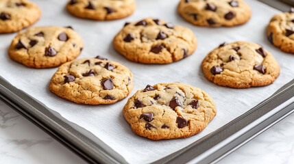 Classic chocolate chip cookie on baking tray warm golden cookie aroma