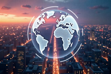 Digital globe floats over glowing cityscape at sunset, symbolizing global connectivity and urban technology fusion.