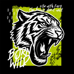 T-shirt print design with tiger, words and other grunge elements. Bright Abstract print on black background for fabric textile, wallpaper, apparel. Vector illustration