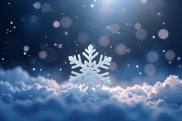 Glowing snowflake on frosty ground, soft blue light, bokeh stars in winter night. Magical, serene, icy wonderland scene.