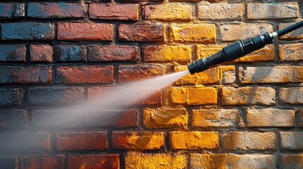A high-pressure water jet cleans a brick wall, revealing vibrant colors and textures underneath the dirt.