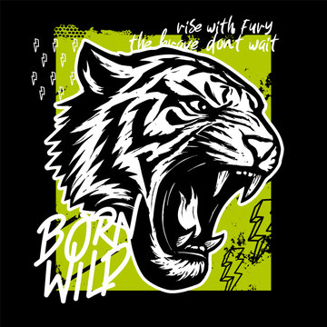 T-shirt print design with tiger, words and other grunge elements. Bright Abstract print on black background for fabric textile, wallpaper, apparel. Vector illustration