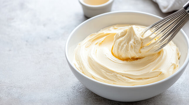 Creamy pastry cream whisk bowl dessert smooth glossy mixing vanilla batter texture