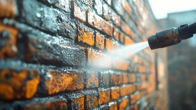 A close-up of a pressure washer spraying water on a brick wall, highlighting the texture and cleanliness of the surface.