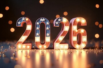 Shiny "2026" numbers glowing with American flag stars, festive lights on dark background. Celebratory New Year vibe.