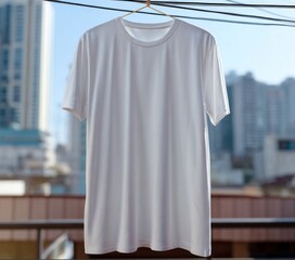 Simple White Tee on Clothesline: A pristine white tee shirt hangs gracefully on a clothesline in the radiant sunshine.
