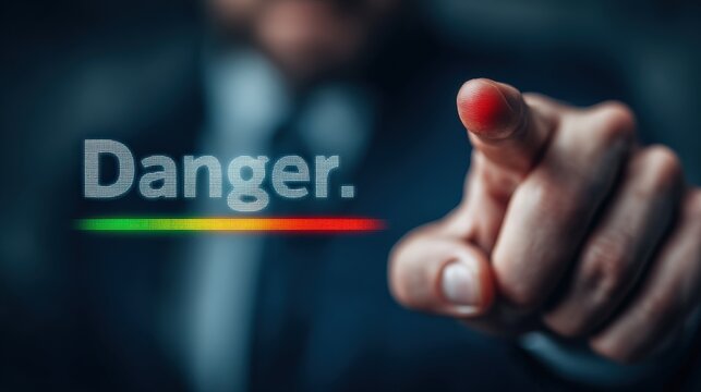 A man points a finger, signaling "Danger," with colorful lights emphasizing the warning in a dramatic, professional setting.