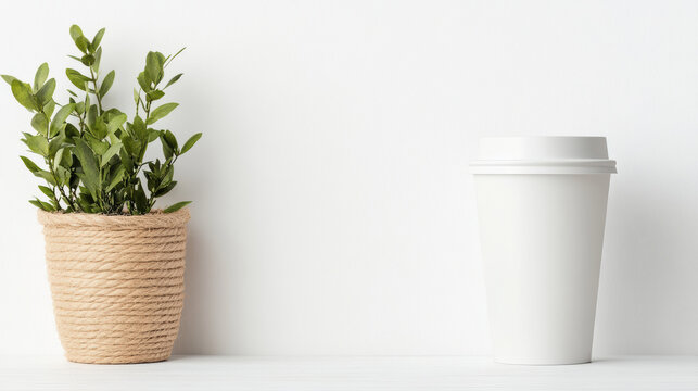 White paper coffee cup mockup with potted plant on minimalist white surface, calm mood - Powered by Adobe