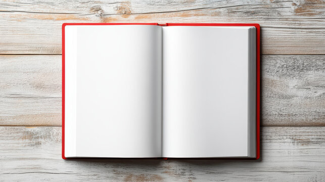 Open book blank page red cover on wooden table cozy minimal scene