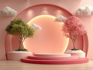Healing Style Product Display with Light Pink Wall, Floating Clouds, Small Trees and Layered Pedestal in Soft Lighting, Ultra HD 8K Render