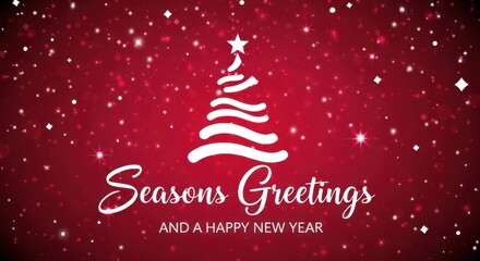 Festive christmas tree with ornaments and falling snow on a vibrant red background, wishing a happy new year