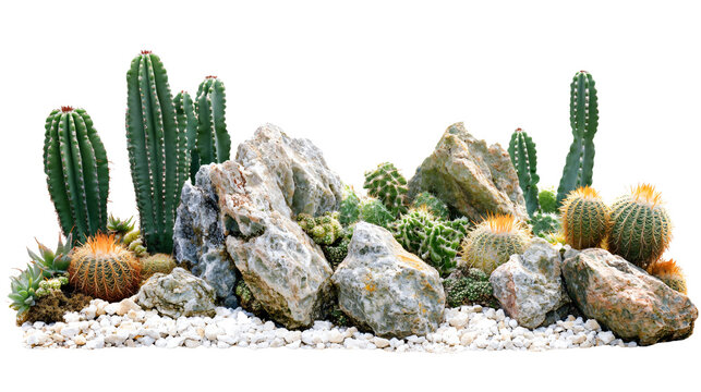 Vibrant desert garden display featuring varied cacti and textured rocks
