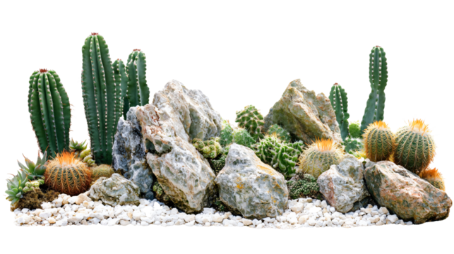 Vibrant desert garden display featuring varied cacti and textured rocks