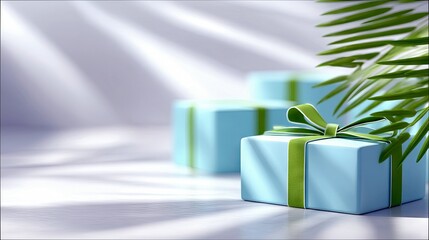 Three light blue gift boxes, each tied with a green ribbon and bow, are arranged on a white surface. A frond of green palm leaves hangs from the upper right cor