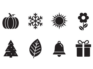 Seasonal Festival Icons. Seasonal Festival silhouette icon set. pumpkin, snowflake, sun, flower, tree, leaf, bell, gift box.