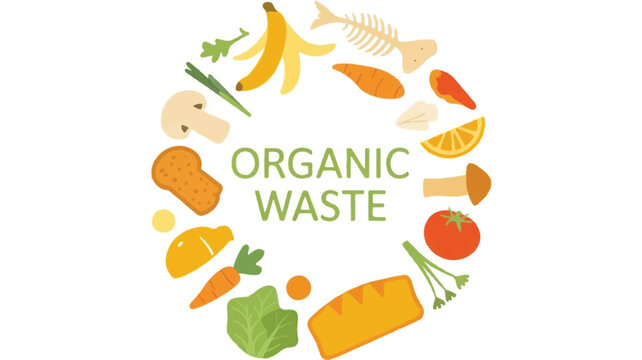 Circular illustration showcasing diverse organic waste items surrounding central green text for environmental awareness and recycling campaigns - Powered by Adobe