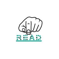 Hand with index finger reading the word READ by touch.