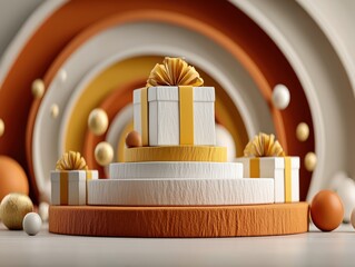 Minimalist Luxury Gift Display with Stacked White Boxes and Gold Decor on Warm Orange Background, Elegant E-commerce Style Ultra HD 8K