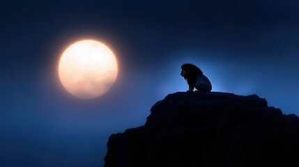 A majestic lion sits atop a rocky outcrop, gazing at a large, bright moon in the night sky. The scene is illuminated by the moon's glow, creating a dramatic and