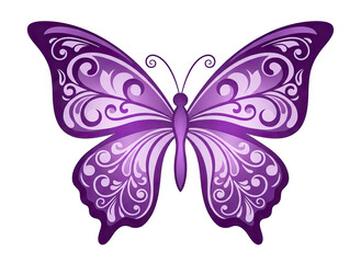 Elegant Purple Butterfly with Intricate Swirl Patterns and Transparent Background Isolated