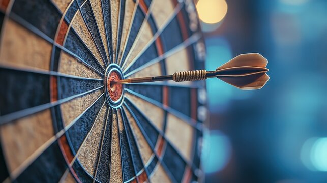A close-up of a dartboard with a dart embedded in the bullseye, highlighting precision and focus in a vibrant, blurred background.