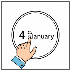 A hand pointing at the date January 4th on a white background.