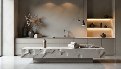 Minimalist kitchen interior with textured island, vases, and pendant lights in a neutral color palette