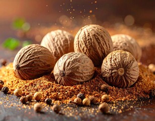 Nutmeg arrangement with ground spice dusting