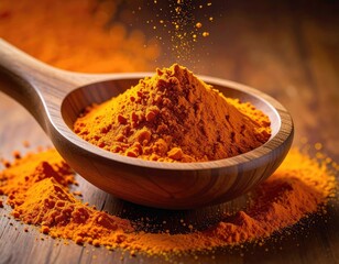 Spoonful of vibrant turmeric powder spills on warm wood