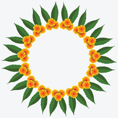 Traditional Indian floral garland decor with marigold flowers and mango leaves.