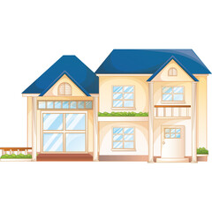 Spacious Two Story Residential House With Blue Roof Large Windows And Balcony Overlooking Greenery Isolated On White Background