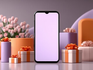 Tech E-commerce Product Display with Light Purple Background, Black Smartphone and Pink Gift Box Decor, Soft Lighting Minimalist Style Ultra HD 8K Render